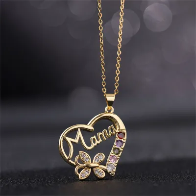 MAMA Pendant Necklace Christmas Necklace Heart Choker Chain Zircon Pendant Necklace Delicate Jewelry Gift