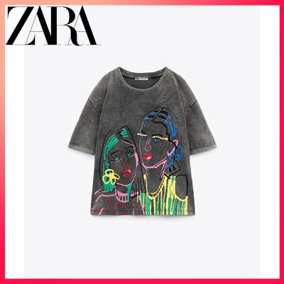 Zara เสื้อยืด แขนสั้น พิมพ์ลาย สไตล์ย้อนยุค ฤดูร้อน สําหรับผู้หญิง