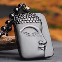 ZZOOI Natural Black Obsidian Hand Carved Chinese Buddha Blessing GuanYin Head Buddhism Amulet Pendant + Beads Necklace Fashion Jewelry