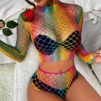 【LZ】๑☞№  Bodysuit Fishnet do orgulho arco-íris para senhoras lingerie sexy oca lingerie colorida macacão quadril bodysuit 18 Plus