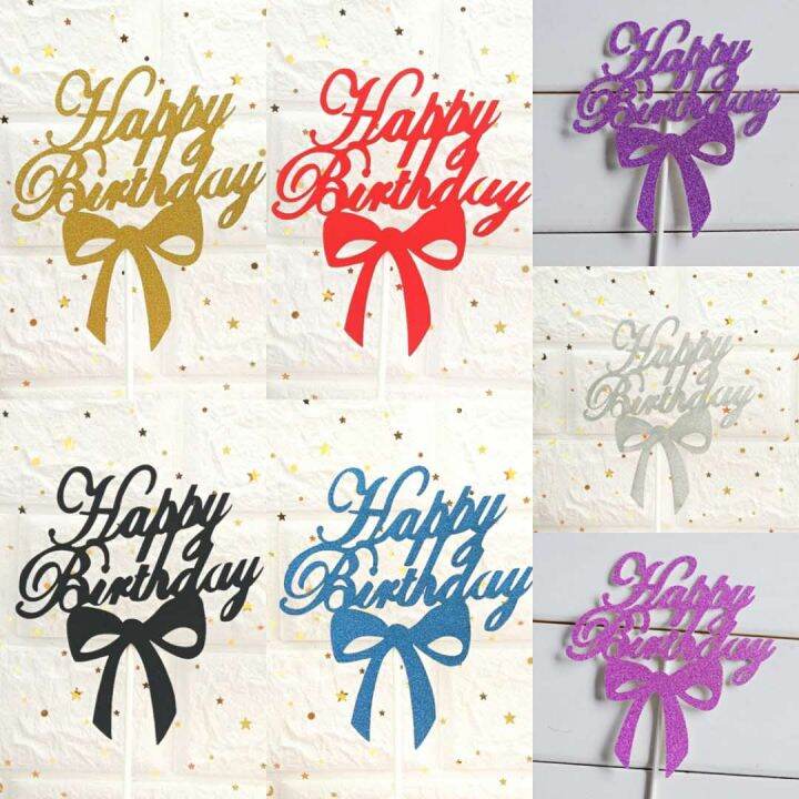 Ins Style Glitter Happy Birthday Bowknot Paper Card Cake Topper Plug In