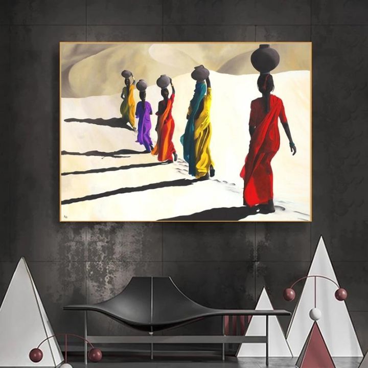 สแกนดิเนเวียนภาพวาดผ้าใบผู้หญิงแอฟริกันเดินในทะเลทรายโปสเตอร์พิมพ์ภาพผนังศิลปะสำหรับห้องนั่งเล่น-wall-decor-cuadro