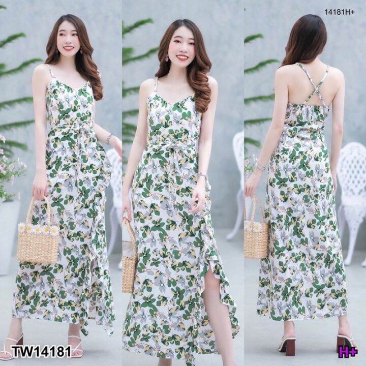 maxi-dress-สายเดี่ยวลายดอกไม้เกร๋ๆ-ดีเทลมีสายไขว้ด้านหลัง-แต่งผ้าระบายและผ่าด้านหน้า-มีซัปใน