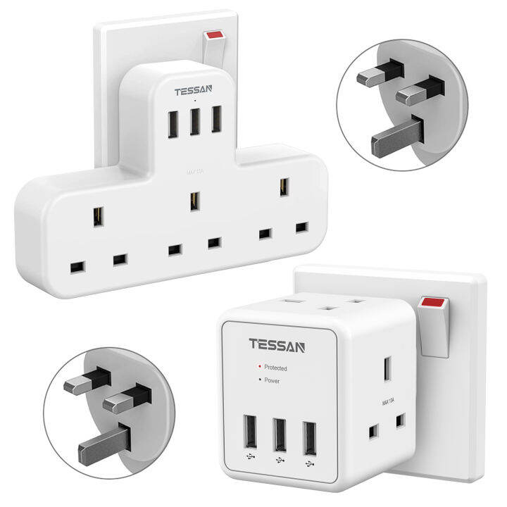 TESSAN UK Double Plug Adapter, 2-Way Outlets with 3 USB Surge ...