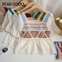 PEAR DODO เสื้อถักแขนสั้นสำหรับผู้หญิงเสื้อกลวงคอเหลี่ยมสำหรับฉบับภาษาเกาหลีลายตะขอ