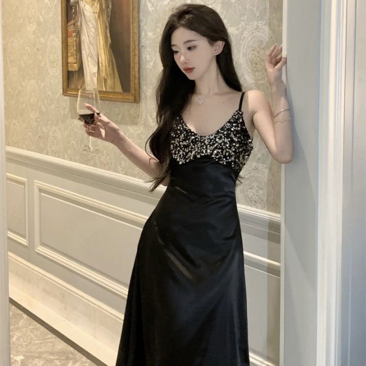 french-design-senior-feeling-sexy-black-sequins-condole-belt-dress-to-lead-long-dress-skirt-of-tall-waist-show-thin