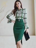 【YF】 H Han Queen 2022 New Women Simple Color Clashing Bodycon Dresses  Pencil Sheath Dress Elegant Flare Sleeve Party Office Vestidos