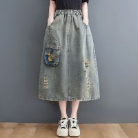 【CC】♝┅✵   3065 Denim Skirts Womens Embroidery Floral Waist Female Hole Pockets A-line Jeans Skirt