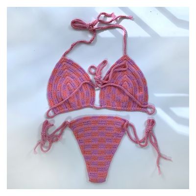 【JH】 Purplish and Pink Sets Crochet Checker Bathingsuit Adjustable Cup Swimsuit Mujer Lace-up Swimwear