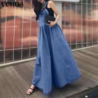 VONDA Women Casual Loose Plain Sleeveless Holiday Pleated Suspenders Long Dress