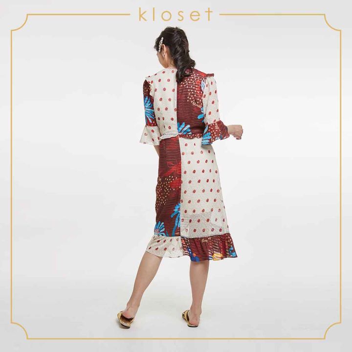 kloset-design-polka-dot-ruffle-midi-dress-rs20-d006-เดรสผ้าชีฟอง-เดรชผ้าพิมพ์-เดรสแฟชั่น-เดรสตัดต่อ2สี