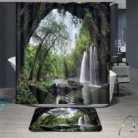 3D Nature Scenery Trees Waterfall Stone Printing Waterproof Shower Curtain Non-Slip Floor Mat Bath Rug Toilet Cover Bathroom Set