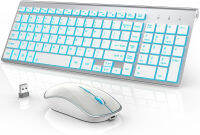 Wireless Keyboard and Mouse Combo with 7 Backlit Options,Quiet Light Up Keys,Type-C Rechargeable,Sleep Mode-2.4G Slient Portable Cordless Combo for Laptop/PC/Computer/Mac by J JOYACCESS(White+Sliver) Silver+White Backlit