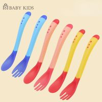 3 Colors Baby Spoon Heat Sensitive Temperature Sensing Spoon Suitable for Childrens Silicone Head Feeding  Baby Tableware Bowl Fork Spoon Sets