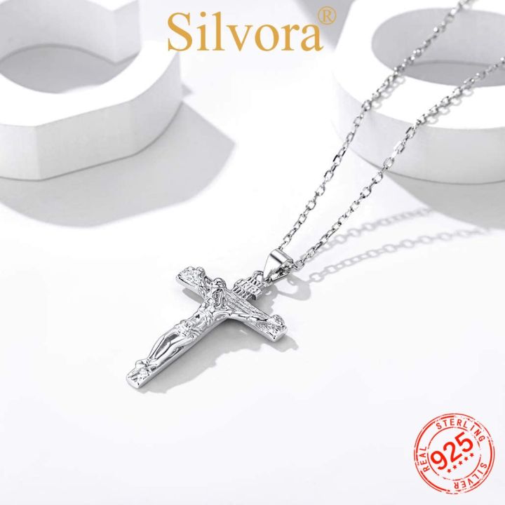 Silvora Jesus Cross Necklace for Women Men 925 Sterling Silver