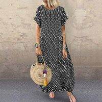 HOT★2023สุภาพสตรี Boho หลวม Fit Casual Polka ชุดลายจุดรอบคอ Maxi แขนสั้นสตรี Sundress