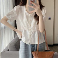 Short Sleeve V-Neck Shirt Womens Summer High-Grade Waist Shirt French Chic Beautiful Puff Sleeve Baby Shirt Top