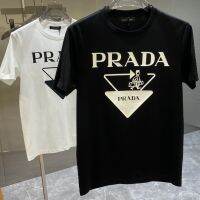 European station trendy brand tops for men pradaˉ new triangle printed round neck slim short-sleeved mens T-shirt fashionable and casual