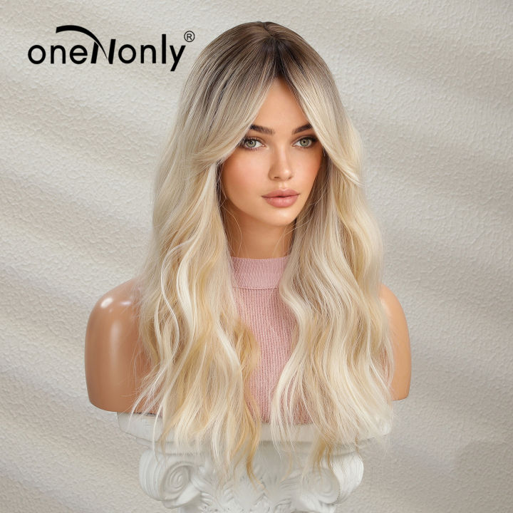 onenonly-วิกผมสีบลอนด์เรียบยาวคลื่นที่มีคุณภาพดีวิกผมสังเคราะห์สำหรับผู้หญิงฮาโลวีนปาร์ตี้ธรรมชาติทนความร้อนผม