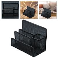 Small Desk Pen Holder Mail Organizer Black Mesh File Letter Holder with 3 Compartments Drawer Metal Mesh Desktop Storage for Home or Office Desk Suppl