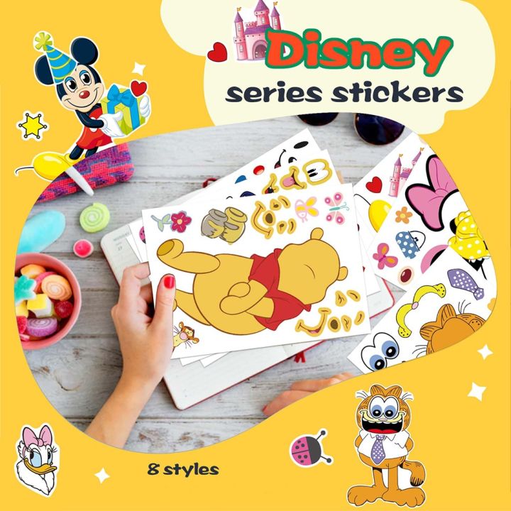 8sheets-disney-cartoon-puzzle-stickers-make-a-face-mickey-donald-duck-cute-children-diy-game-jigsaw-kids-toys-party-decoration-stickers-labels