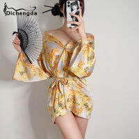 Dichengda Japanese Kimono Cosplay Uniform Women Sexy Bathrobe Yukata Pajamas Outfit Soft Silk Yellow Pink Lingerie For Girl Gift