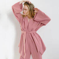 2021Restve Cotton Womens Nightgown 2 Pieces Set Drop Sleeves Robe Trouser Suits Flare Female Pajamas Autumn Bathrobe For Woman 2021