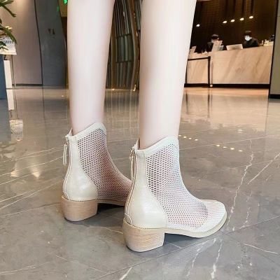 RDP879ตาข่าย Dr. Martens รองเท้าบูทผู้หญิง2021ใหม่ส้นสูงหนาสั้นรองเท้าฤดูร้อนรองเท้าบู๊ทบางผู้หญิง Hollow Out กลางรองเท้าตาข่าย Breathable รองเท้าบูทหุ้มข้อ