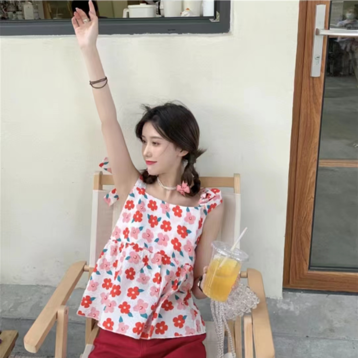 april-sunny-เสื้อแขนกุดลายดอก-women-summer-2023-เสื้อยืดแนวหวานน่ารักสไตล์เกาหลี