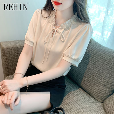 REHIN เสื้อผู้หญิงสำหรับฤดูร้อน,ใหม่โชว์คอตั้งบางหูผ้าลูกไม้สามดอกไม้มีมิติเสื้อชีฟองเสื้อแขนสั้น