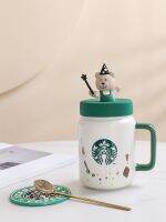 Starbucks Cup Mason Magician Bear Ceramic แก้วน้ำมาร์คกาแฟความจุขนาดใหญ่พร้อมฝาปิดคู่สำนักงาน