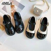 AMILA รองเท้าหนังแฟชั่นเคลือบแลคเกอร์สีดำผู้หญิงรองเท้าเจ้าหญิงทนต่อไถลและเสียหาย