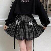 ❧◊ HOUZHOU Kawaii Gothic Lolita Plaid Skirt Women Goth Bow Black High Waist A-line Mini Skirts Japanese Style Harajuku Soft Girl