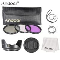 Andoer ของแท้ชุดฟิลเตอร์58มม. (UV + CPL + FLD) + กระเป๋าใส่กล่องอาหารไนล่อน + ฝาครอบเลนส์ + ที่ยึดฝาครอบเลนส์ + เลนส์ฮูด + ผ้าทำความสะอาดเลนส์