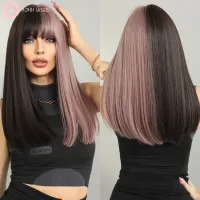 7JHH WIGS Black Pink Wig With Bang Cosplay Anime Wigs For Women Long Straight Synthetic Hair Lolita Party Use