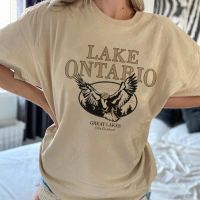 Lake Ontario Eagle พิมพ์ Vintage Tee เสื้อ Retro Boho สไตล์แขนสั้นขนาดใหญ่ Tshirt ฤดูร้อนผู้หญิงน่ารักเสื้อยืดผู้หญิง Tops