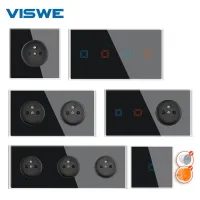 VISWE Wall Touch switch Power socket black 82mm Full mirror crystal glass panel 16A French electrical outlets