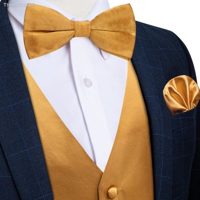 ☒ Luxury Solid Satin Suit Vest Bow Tie Set for Men Pocket Square Business Dress Gold Waistcoat Mens Suit Vest for Tuxedo Wedding