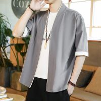 Chinese Style Mens Traditional Jacket HanTang Costume Ancient Japanese Kimono Coat Tops Cardigan Loose Short Sleeves Shirt