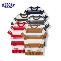 MBBCAR 2023ใหม่ฤดูร้อนของผู้ชายเสื้อวิญญาณทะเลคอกลมสีกากีหนา230กรัมเสื้อยืดแขนสั้นลายทางของเด็กผู้ชายตัวใหญ่