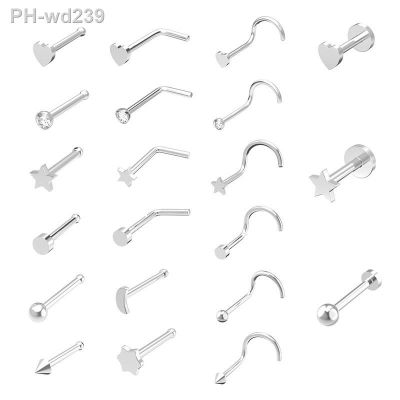 5Pcs L Shape Stainless Steel Crystal Nose Ring Women Surgical Steel Heart Star Nose Piercing Ear Bone Needle Studs Body Jewelry