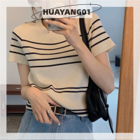 HUAYANG01 [2023 new HOT FASHION] lazlook เสื้อยืดถักแขนสั้นลายทางวินเทจสำหรับผู้หญิงเสื้อครอปลำลองคอกลมเข้ารูปฤดูร้อน