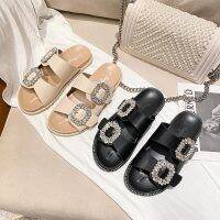 The rv outside the slippers to female diamond thick bottom side buckle peep-toe double loop with flat cool soft leather size 43 yards for womens shoes