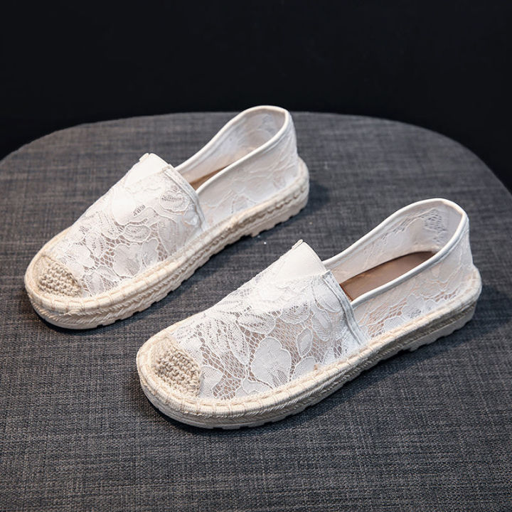 รองเท้าชาวประมงหญิงสไตล์ชาแนล-2023-ฤดูร้อนสไตล์ใหม่ลูกไม้ตาข่ายระบายอากาศทอพื้นนุ่มเหยียบรองเท้าขี้เกียจ