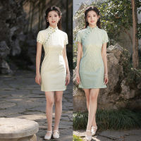 คลาสสิกเย็บปักถักร้อย Applique ชีฟอง Mini Cheongsam Elegant R ผู้หญิง Handmade ปุ่ม Qipao เซ็กซี่จีนทุกวัน Dress