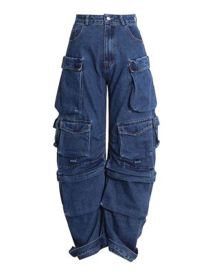 กางเกงขาบานฮิปฮอปสตรีท,ยีนส์หลวมสีทึบมีกระเป๋าหลายช่องย้อนยุคทรงตรงกางเกงยีนส์เอวสูงสูง