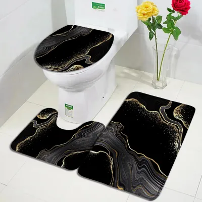Black Marble Bath Mats Sets Gold Grey Lines Creative Abstract Geometric Art Home Bathroom Decor Rugs Anti-Slip Toilet Lid Cover