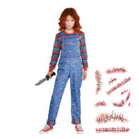 Chucky เครื่องแต่งกายเด็กคอสเพลย์กระเป๋าเป้สะพายหลังเด็กวัยหัดเดิน Chucky เครื่องแต่งกายส่งสติกเกอร์รอยสักแผลเป็นฮาโลวีนเด็ก Gift