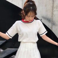 Women T-Shirts Korean Style Knitted Color Block Short Sleeve Knitted Tees Tops