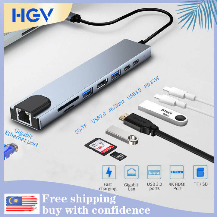 HGV USB C Hub 8 in 1 Type C Hubs to RJ45 SD Card Reader USB 3.0 Ports